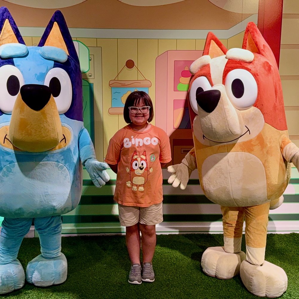 Lincoln standing between Bluey and Bingo characters
